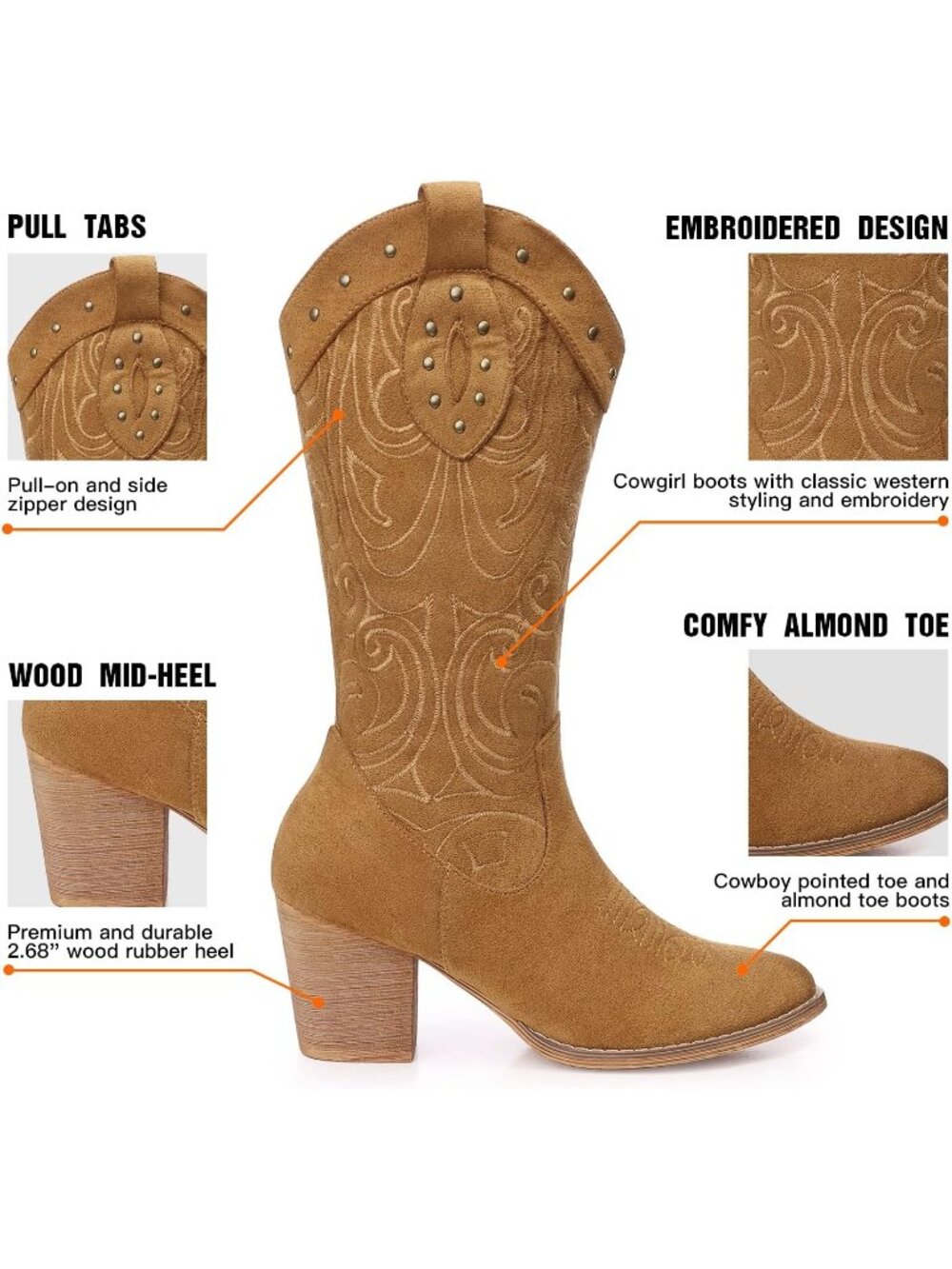 Women's Western Pointed Toe Chunky Heel Suede Embroidered Mid Calf Boot Brown - Picture 4 of 6